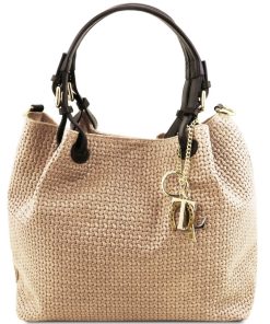 Donna Tuscany Leather | Tl Keyluck - Borsa In Pelle Stampa Intrecciata Tl141573 Beige