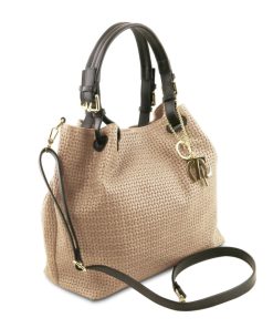 Donna Tuscany Leather | Tl Keyluck - Borsa In Pelle Stampa Intrecciata Tl141573 Beige